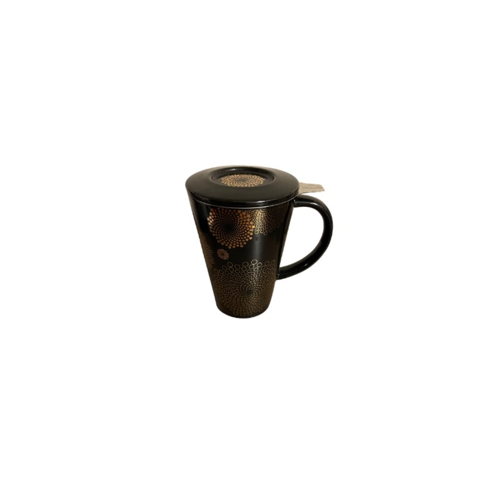 David’s Tea Black and Gold Mug with Strainer and Lid